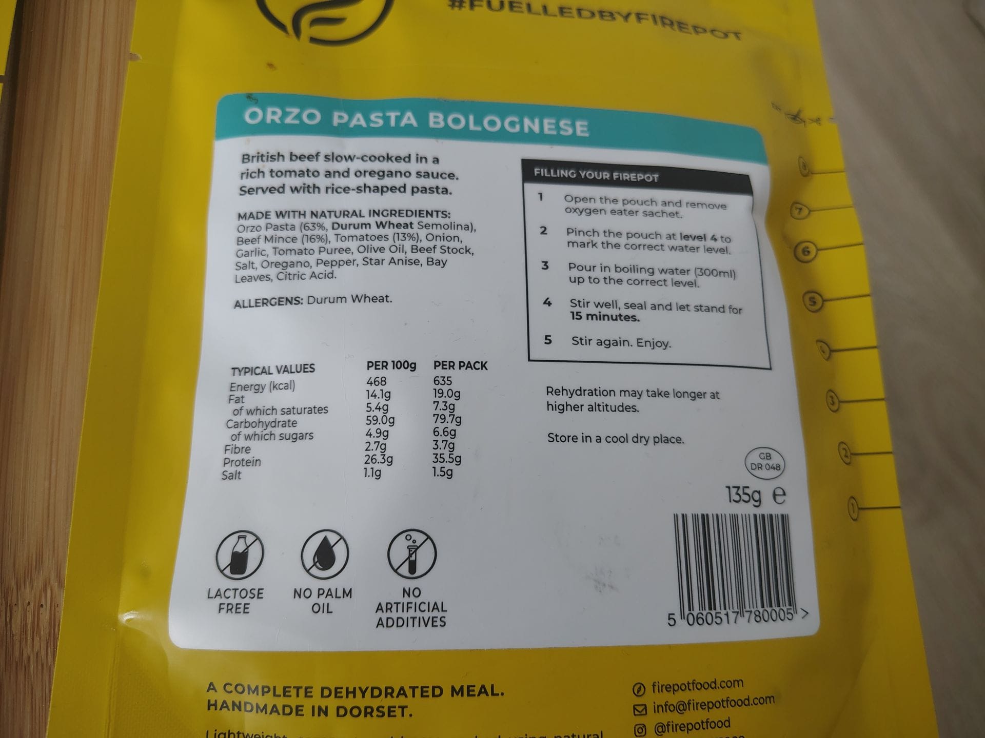 Nutritional information and preparation instructions for the Orzo Pasta Bolognese